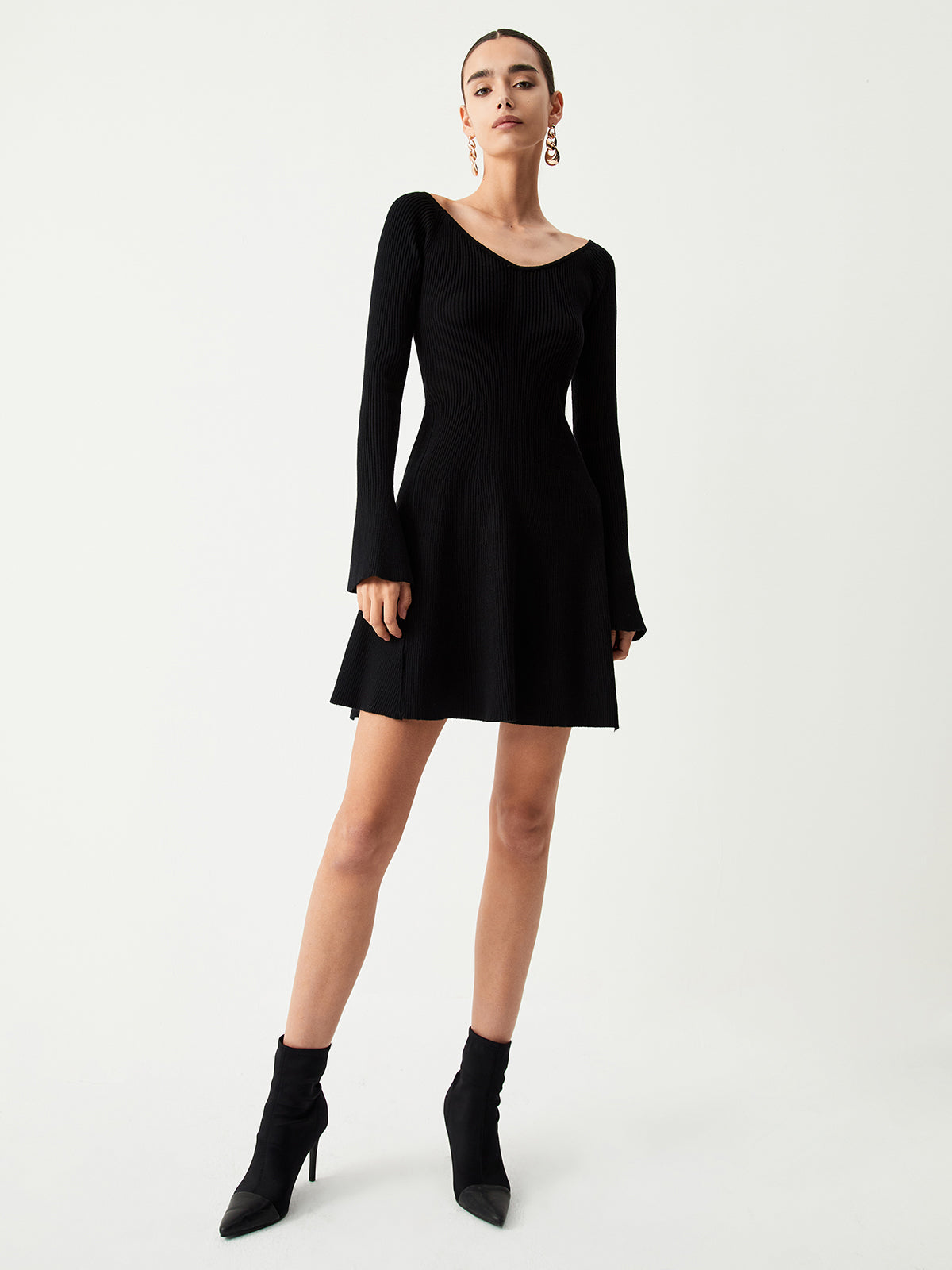 V-Neck Long Sleeve Short Sweater Dress
