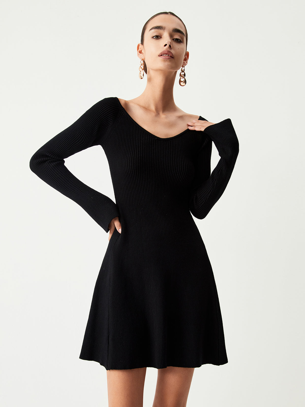 V-Neck Long Sleeve Short Sweater Dress