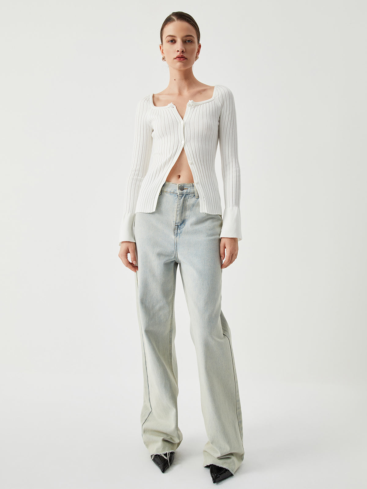 Square Neck Ribbed Knit Button-down Sweater