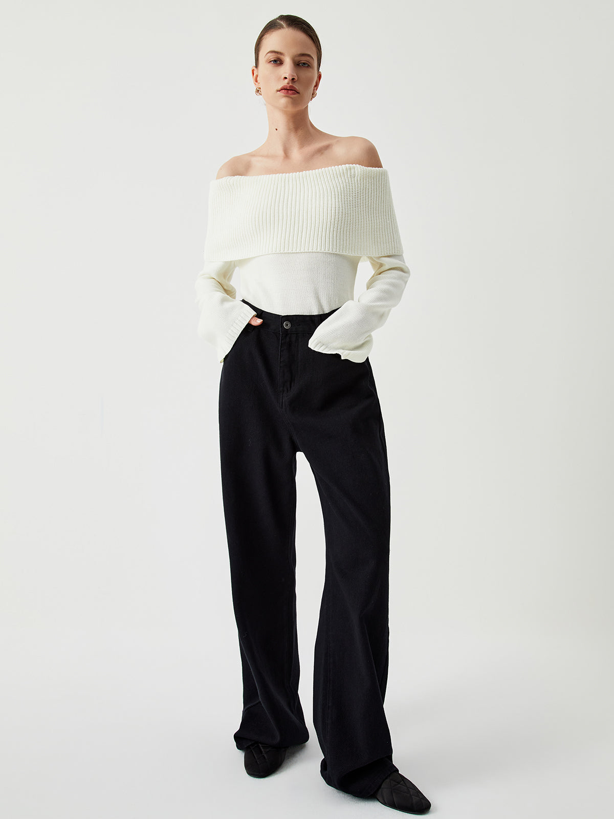 Knit Ribbed Overfold Off-Shoulder Sweater