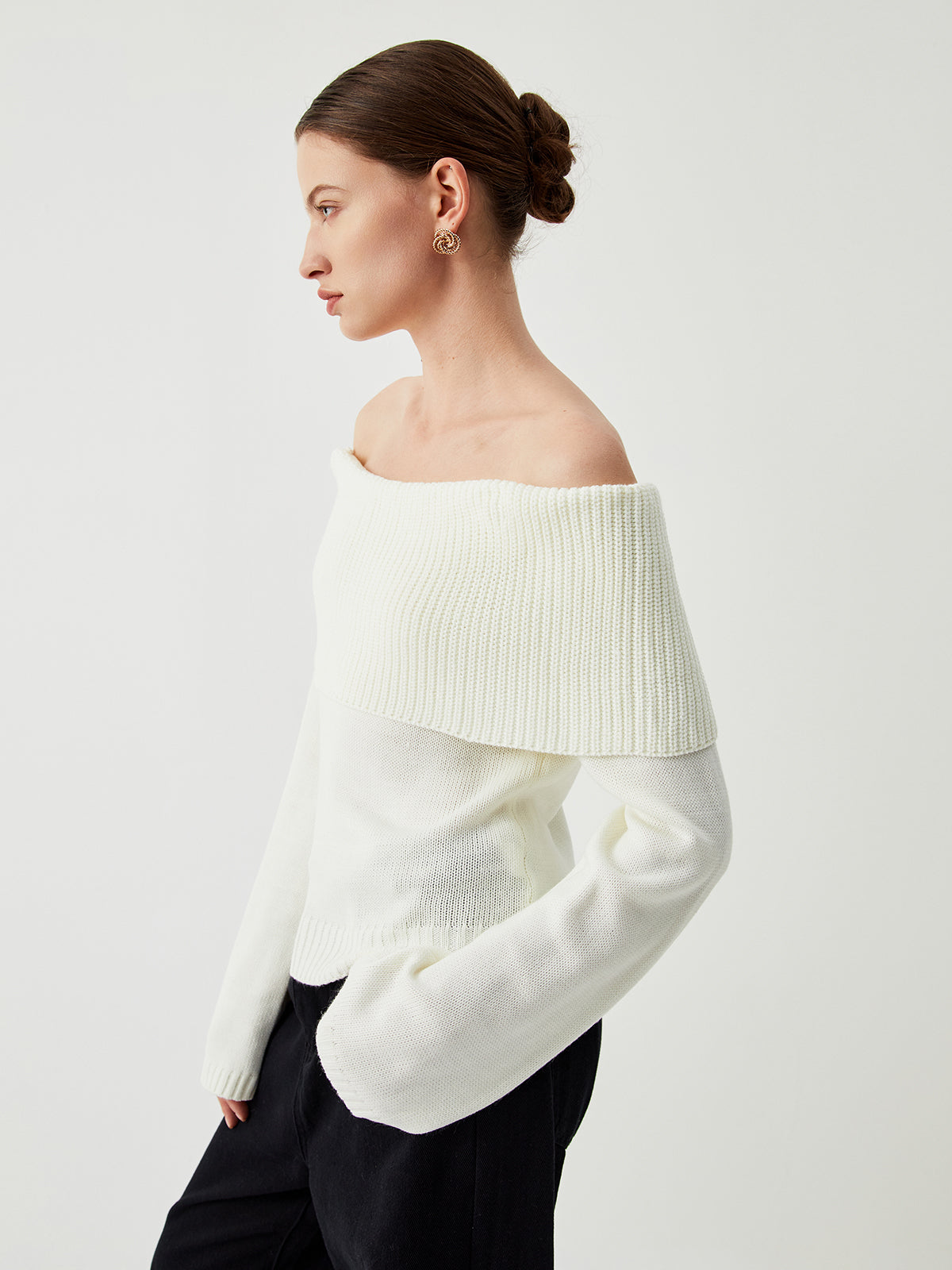 Knit Ribbed Overfold Off-Shoulder Sweater