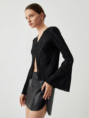 Pleated V-neck Ruffle Long Sleeve Blouse