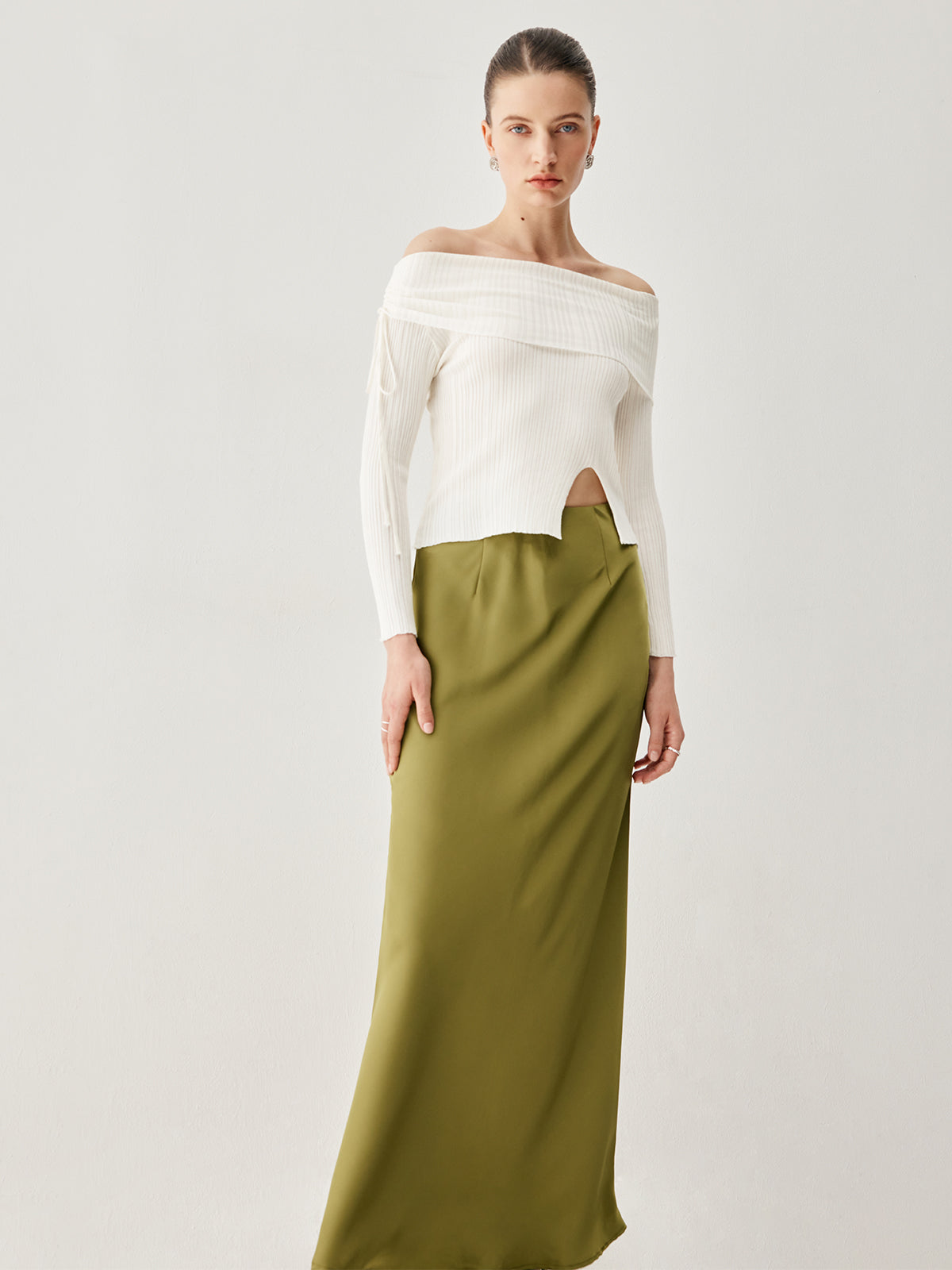 Drawstring Overfold Off Shoulder Slit Ribbed Knit Top