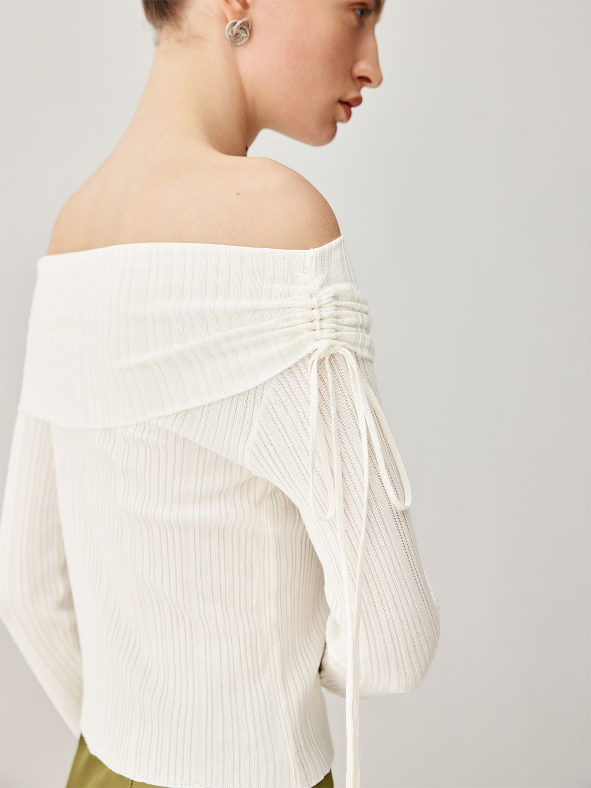 Drawstring Overfold Off Shoulder Slit Ribbed Knit Top