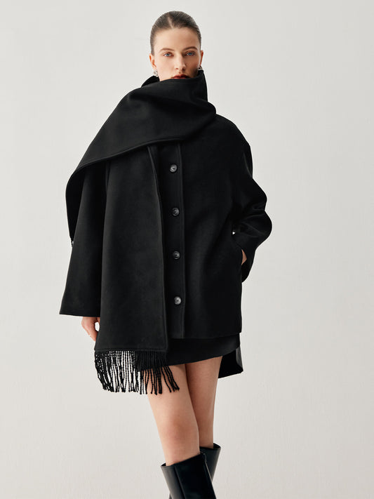 Oversized Button-down Wool Coat with Matching Fringed Scarf