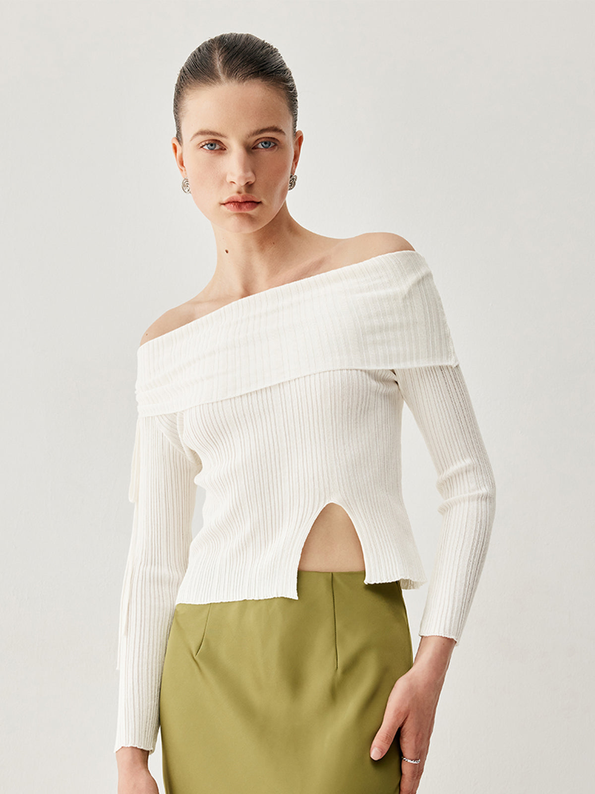 Drawstring Overfold Off Shoulder Slit Ribbed Knit Top