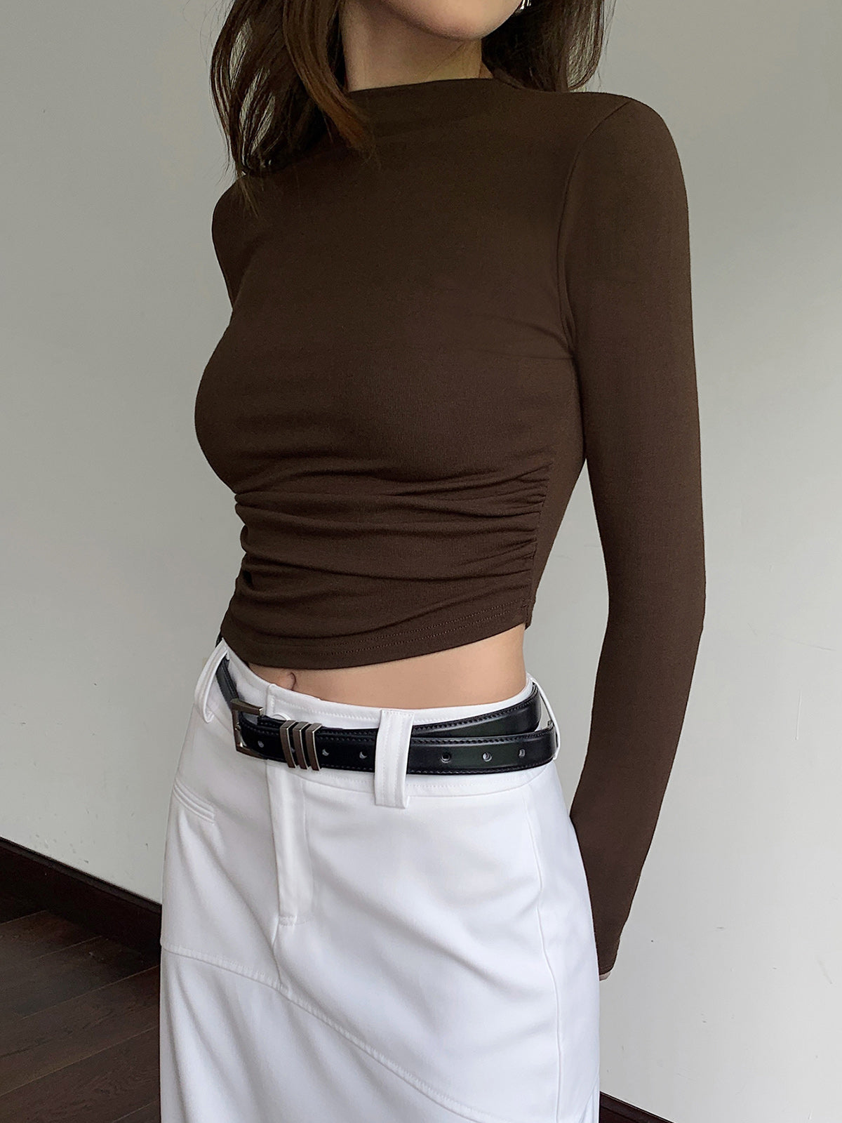 Mock Neck Slinky Long Sleeve Ribbed Knit Crop Shirt