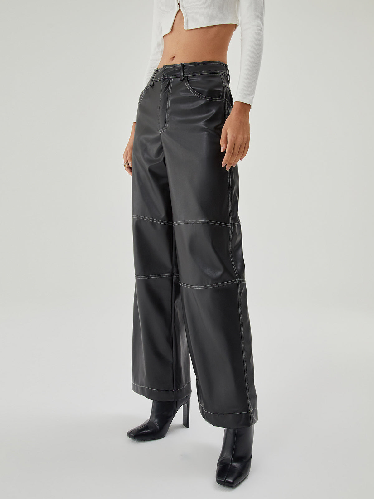 Contrast Stitch Leather Wide Leg Pants