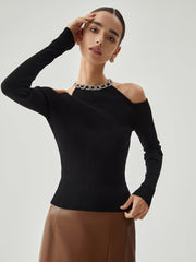 Diamante Neckline Cutout Long Sleeve Knit Top