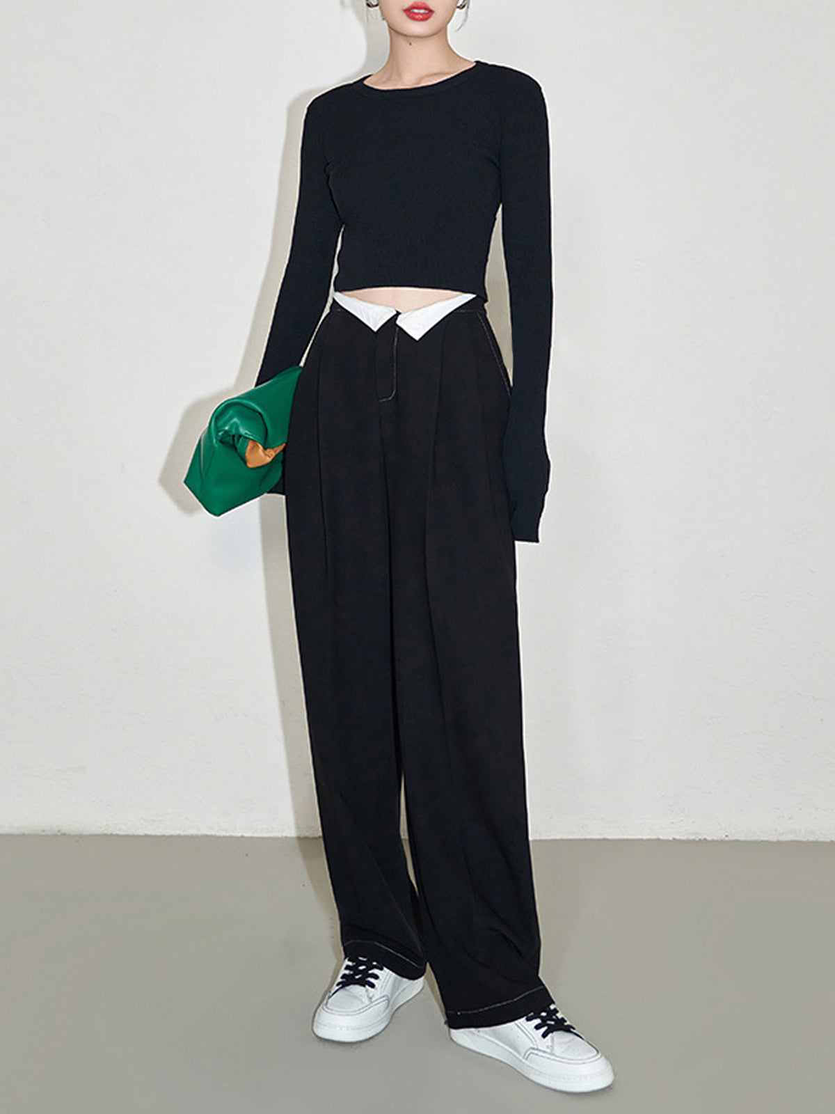 Contrast Binding Straight Leg Pleated Long Pants