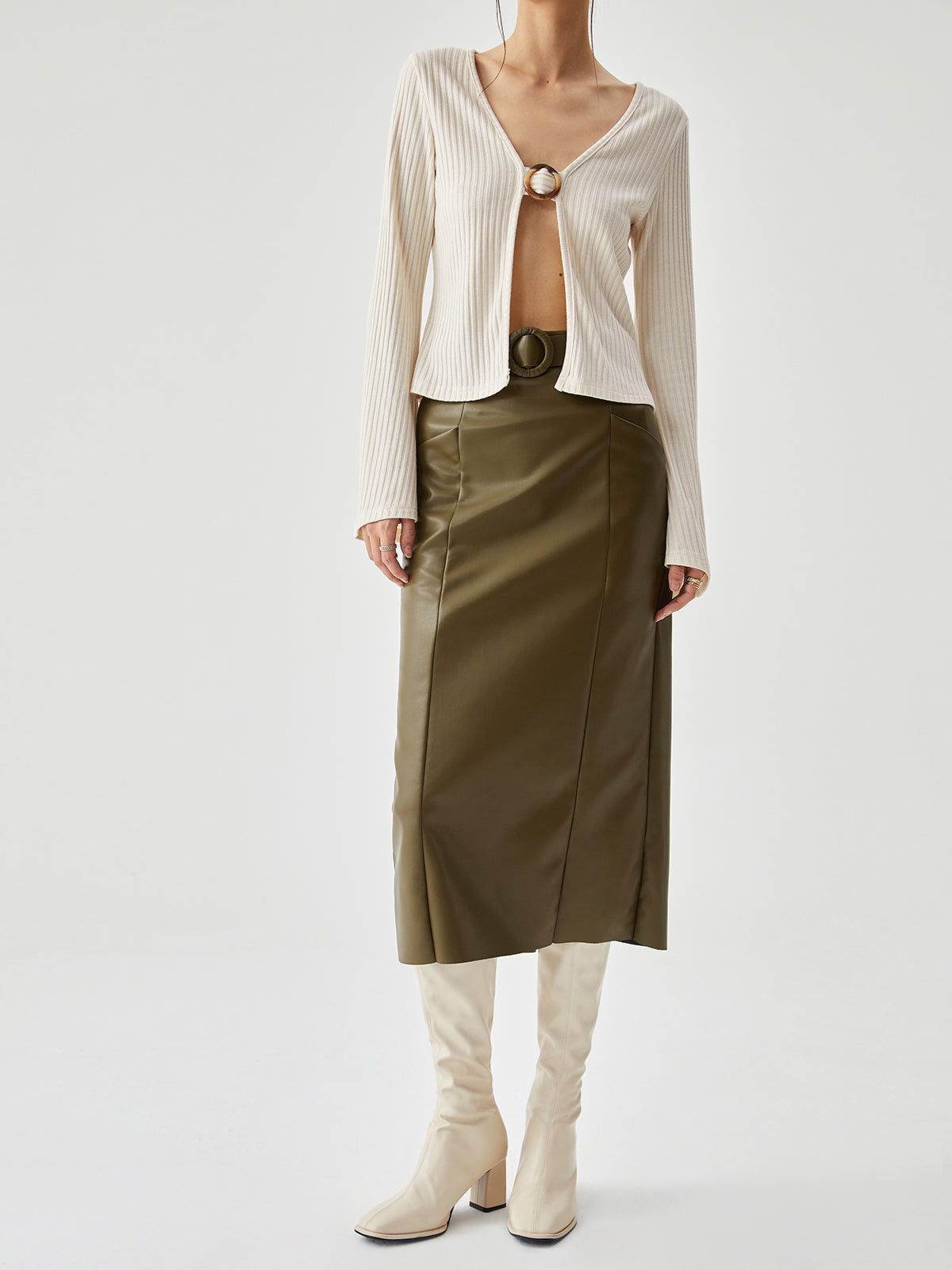 Faux Leather Belted Split Midi Skirt