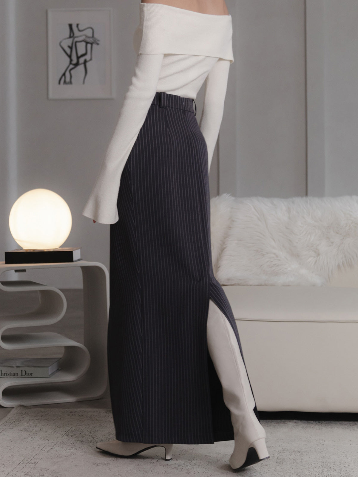 Asymmetric Slit Striped Long Skirt