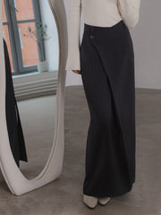 Asymmetric Slit Striped Long Skirt