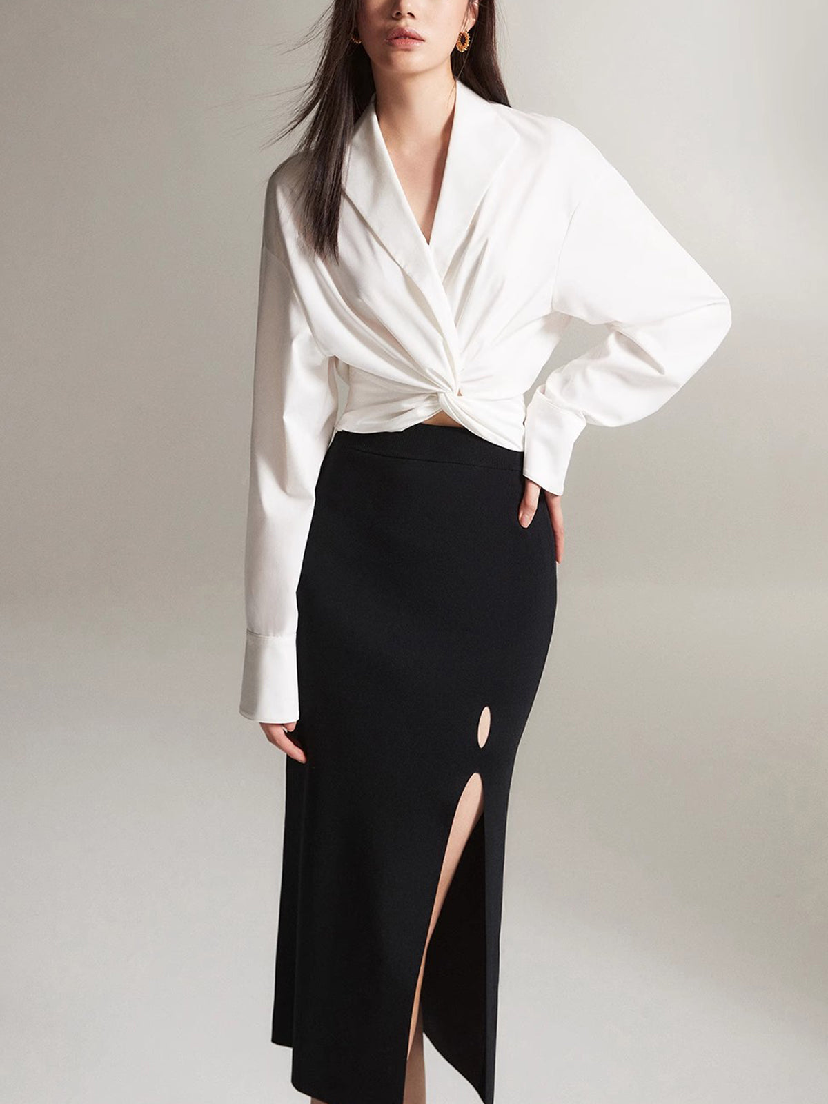 Crossover Twisted V-neck Long Sleeve Shirt