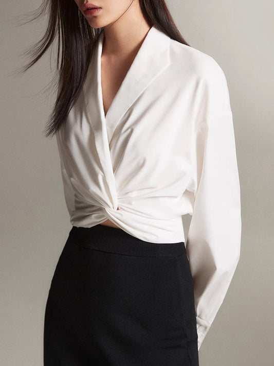 Crossover Twisted V-neck Long Sleeve Shirt