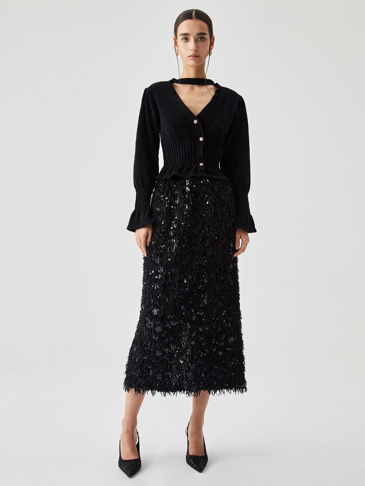 Sequin Feather Split Long Skirt