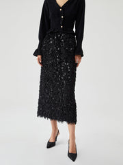 Sequin Feather Split Long Skirt