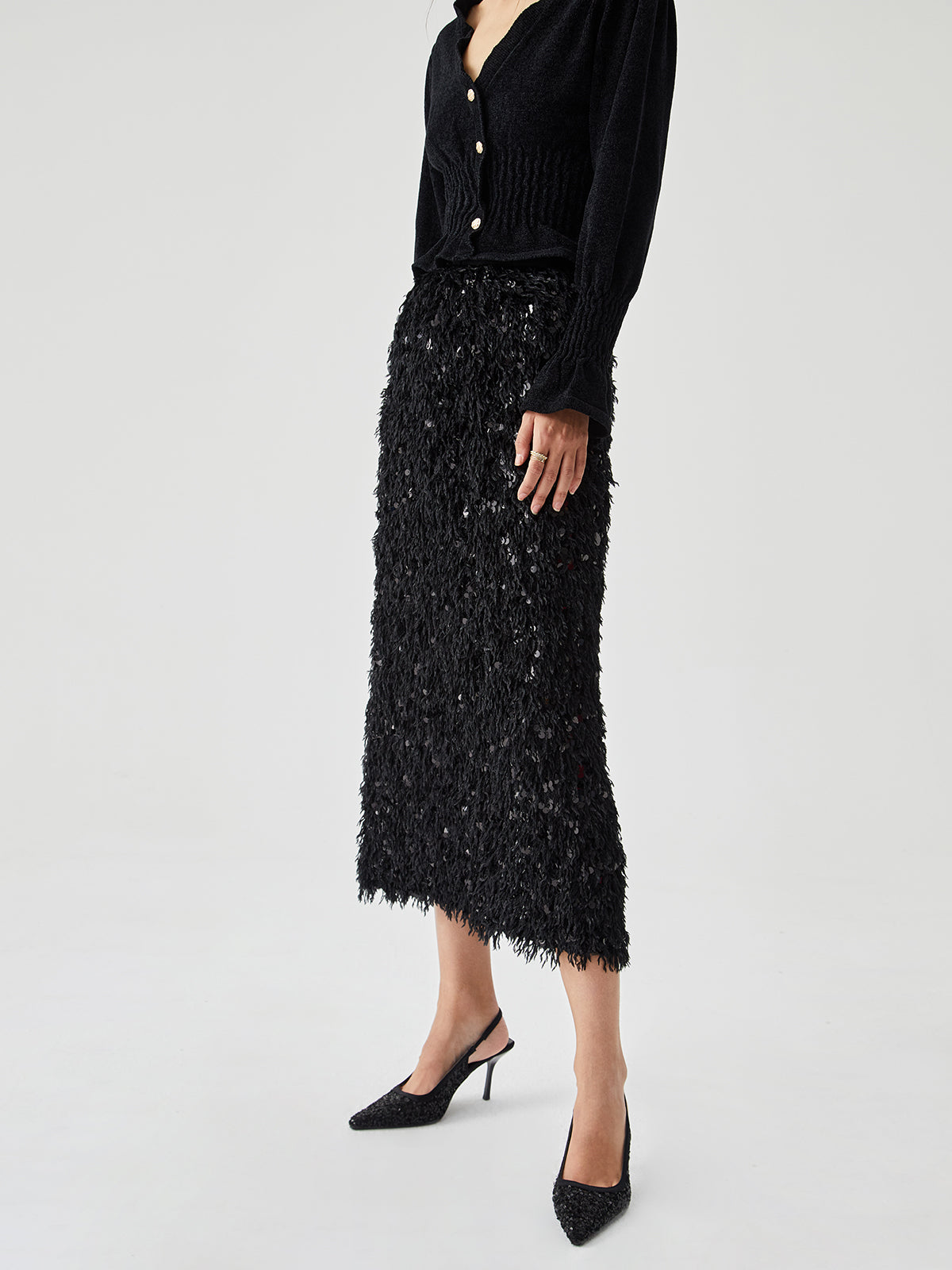 Sequin Feather Split Long Skirt