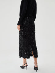 Sequin Feather Split Long Skirt