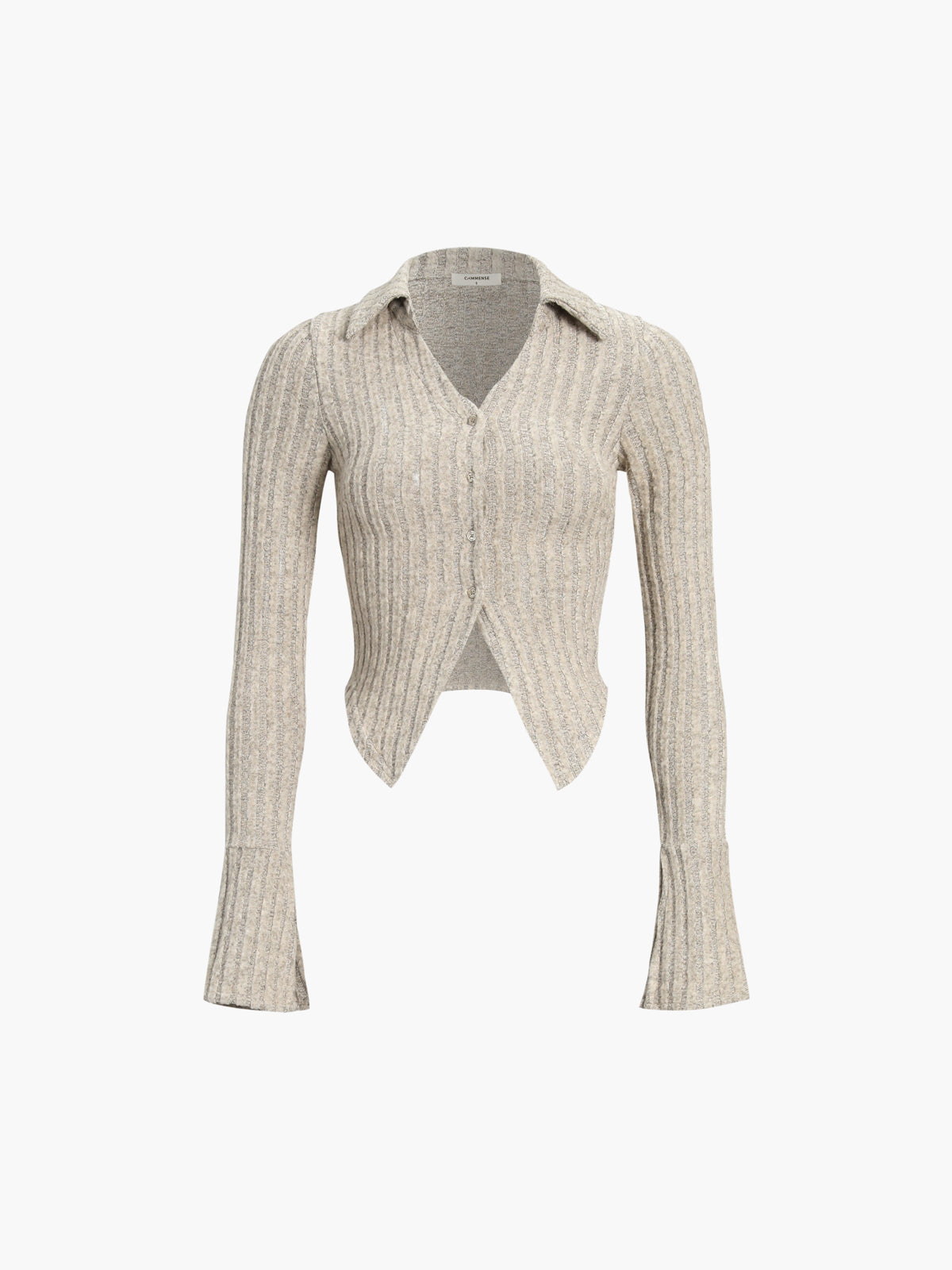 Collared Long Sleeve Slit Ribbed Knit Shirt