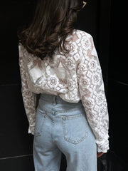 Lace Embroidery Floral Mock Neck Blouse