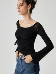 Jacquard Lace Semi-sheer Bowknot Crossover Blouse