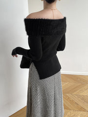 Fuzzy Off Shoulder Ribbed Knit Patchwork Split Sweater