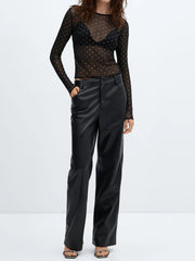 Semi-sheer Sequined Polka Dot Long Sleeve Mesh Shirt