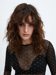 Semi-sheer Sequined Polka Dot Long Sleeve Mesh Shirt