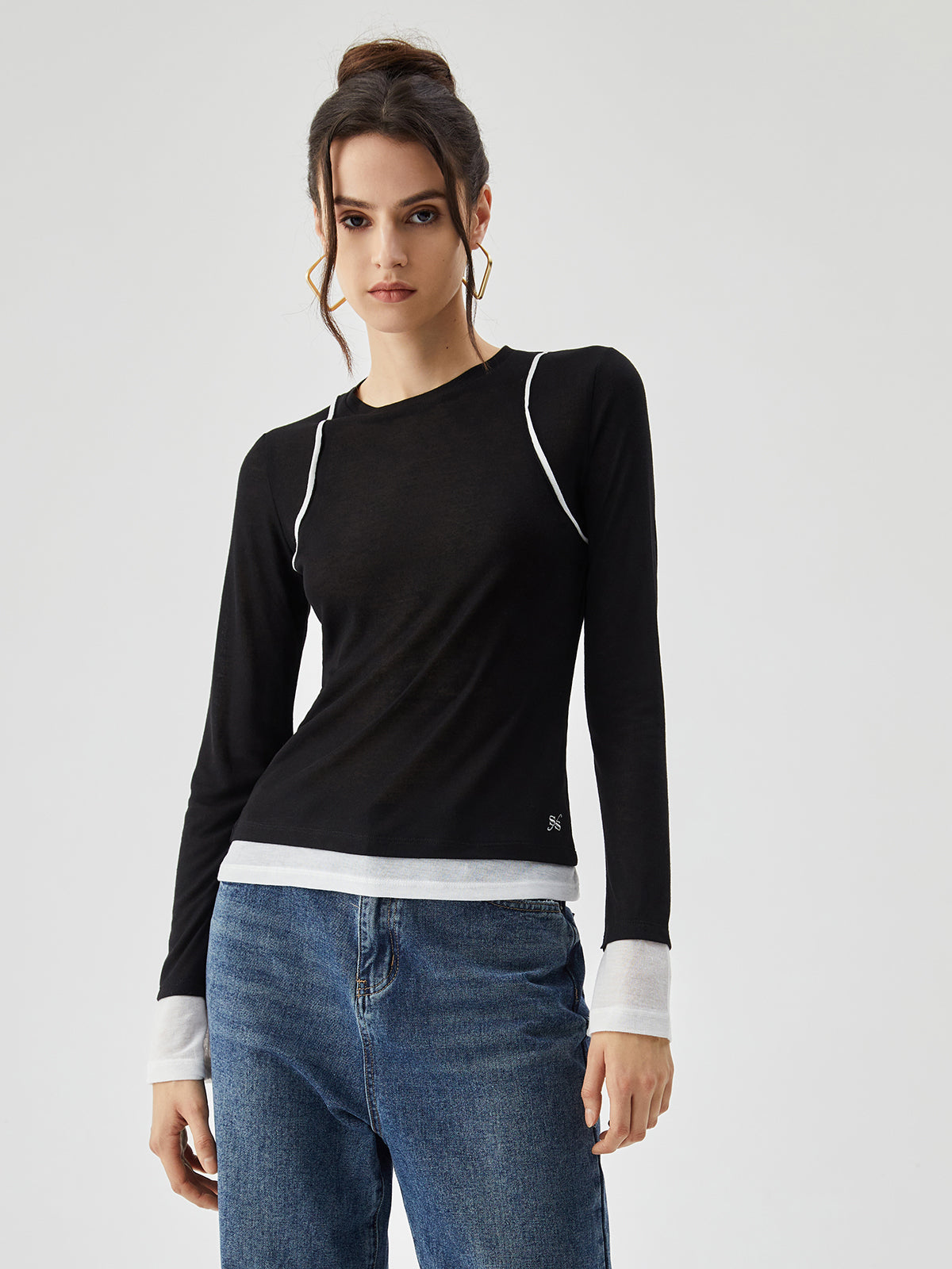 Semi-sheer Contrast Trim Patchwork Long Sleeve Knit Top