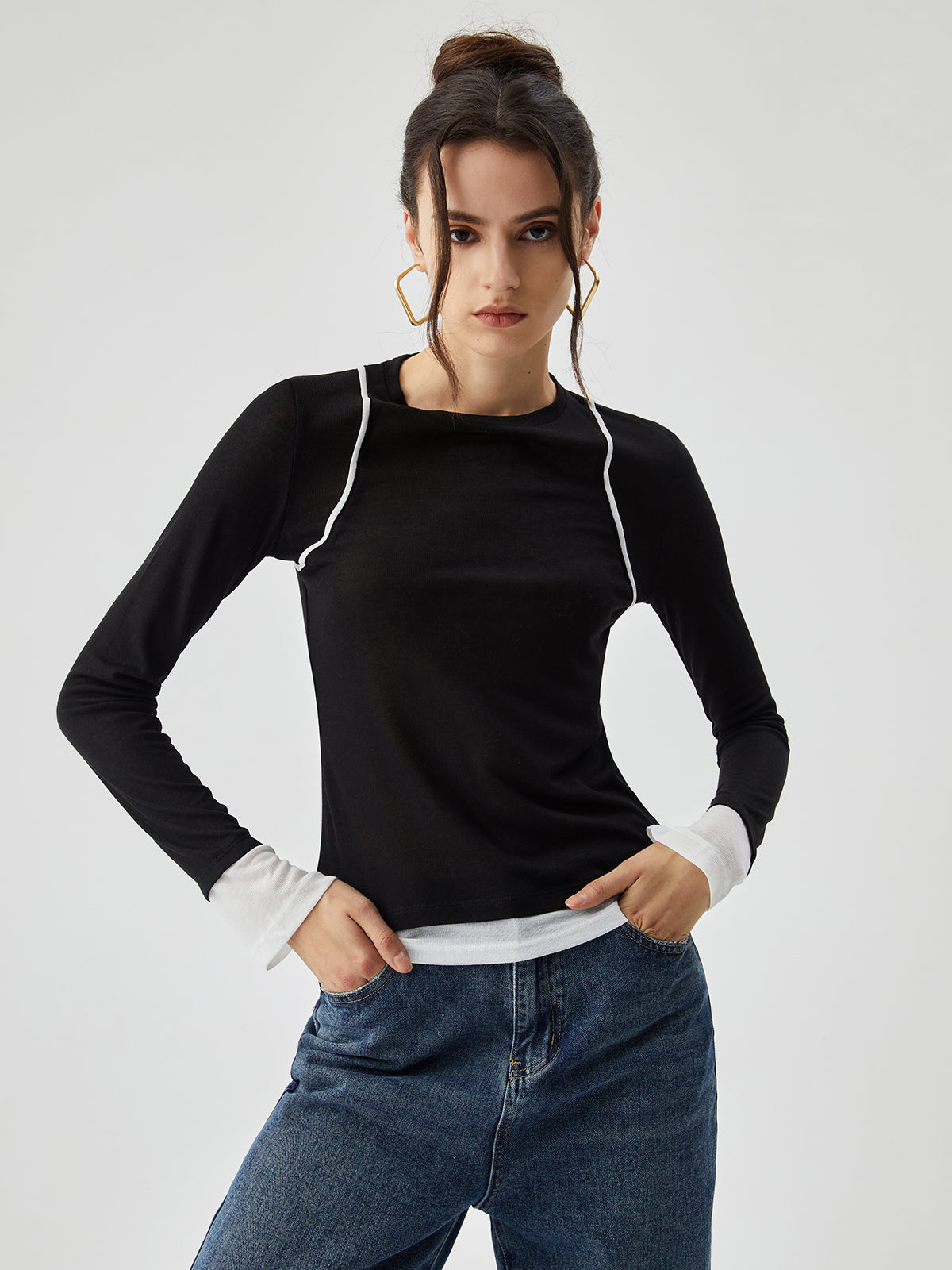 Semi-sheer Contrast Trim Patchwork Long Sleeve Knit Top