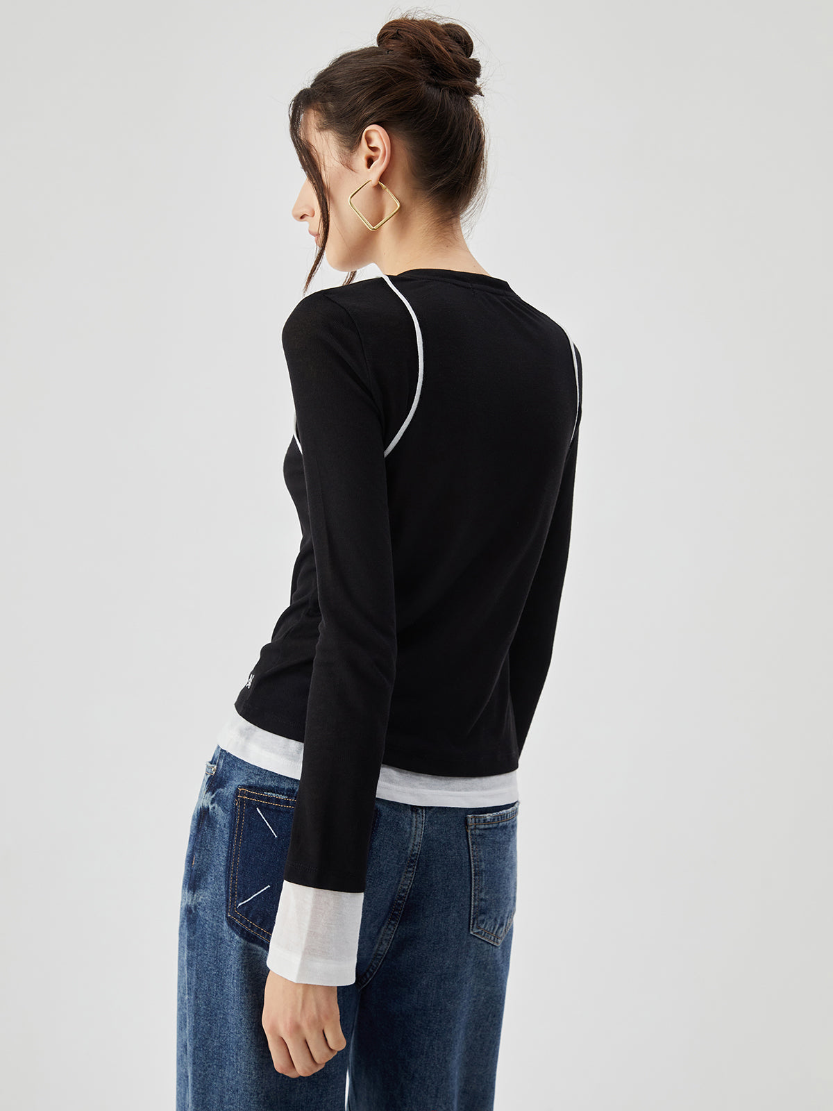 Semi-sheer Contrast Trim Patchwork Long Sleeve Knit Top