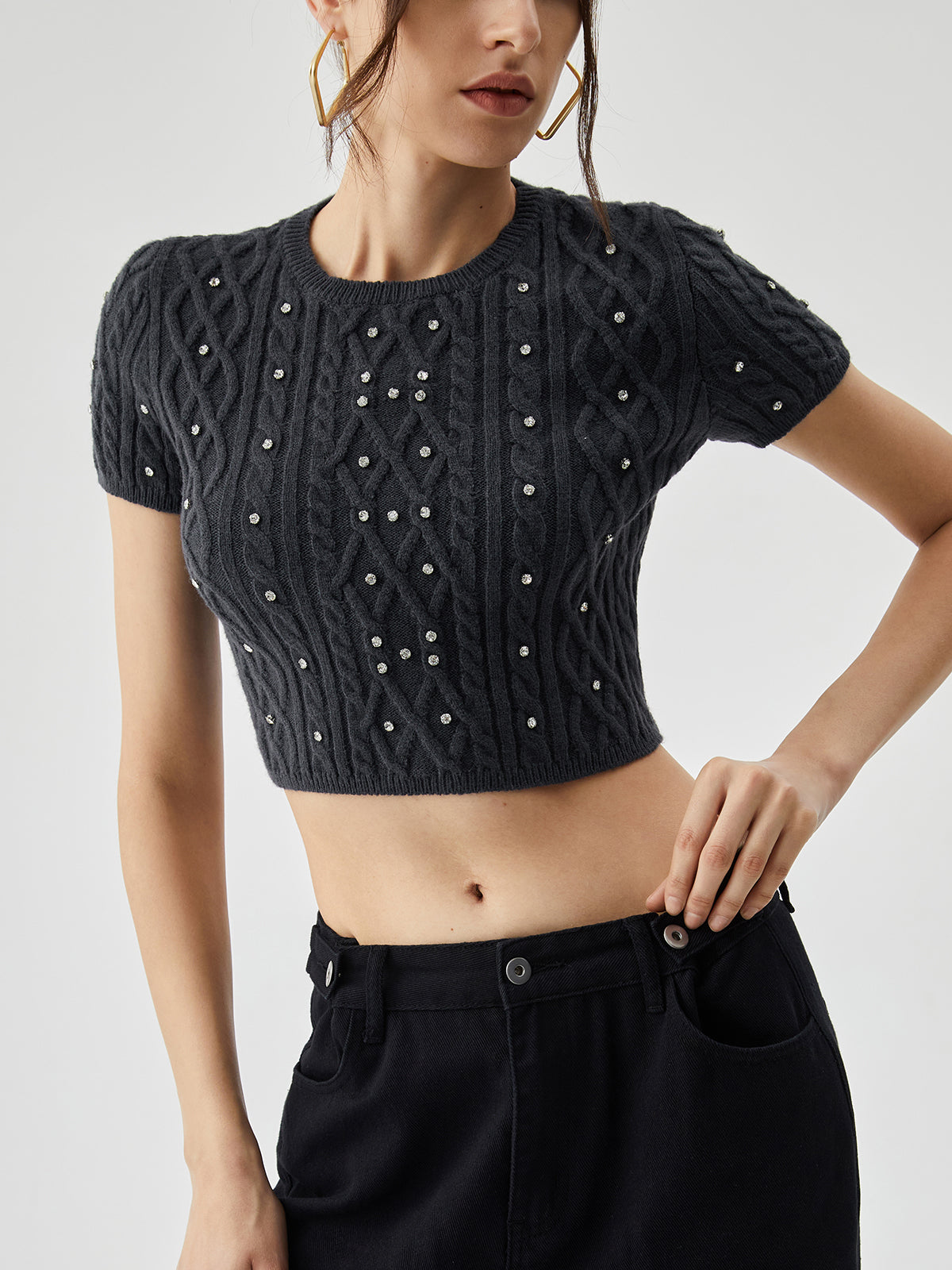 Rhinestones Decor Cable Knit Crop Top