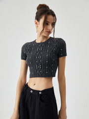 Rhinestones Decor Cable Knit Crop Top