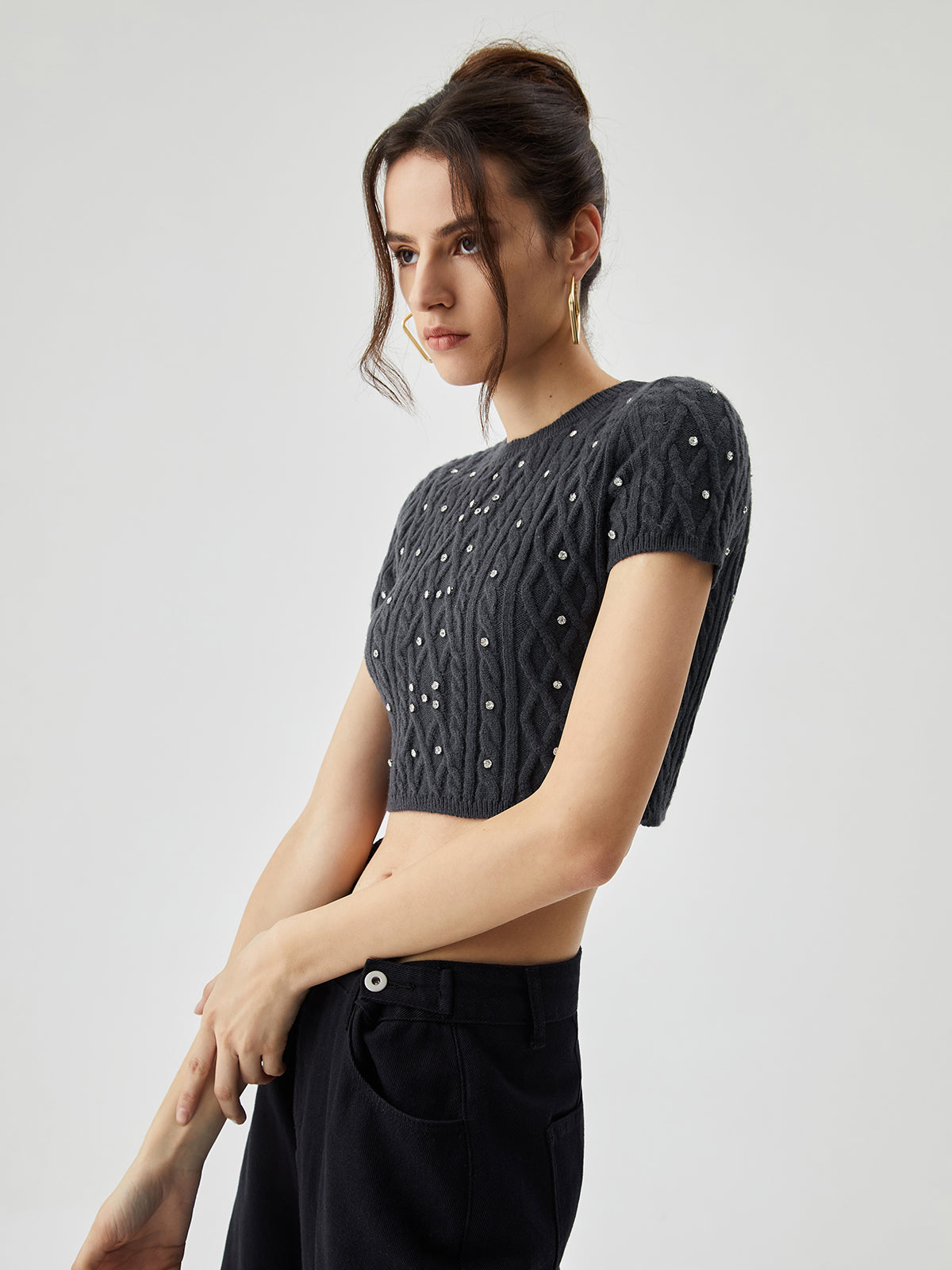 Rhinestones Decor Cable Knit Crop Top