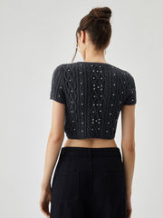 Rhinestones Decor Cable Knit Crop Top