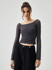 Semi-sheer Boat Neck Mesh Crop Top