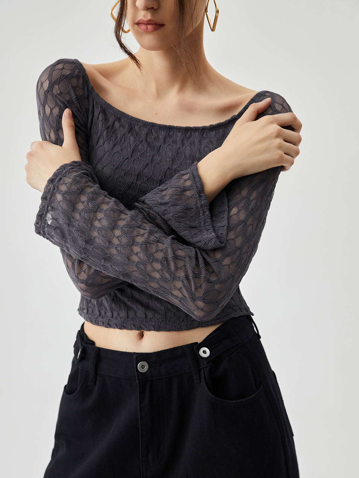 Semi-sheer Boat Neck Mesh Crop Top