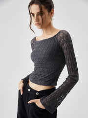 Semi-sheer Boat Neck Mesh Crop Top