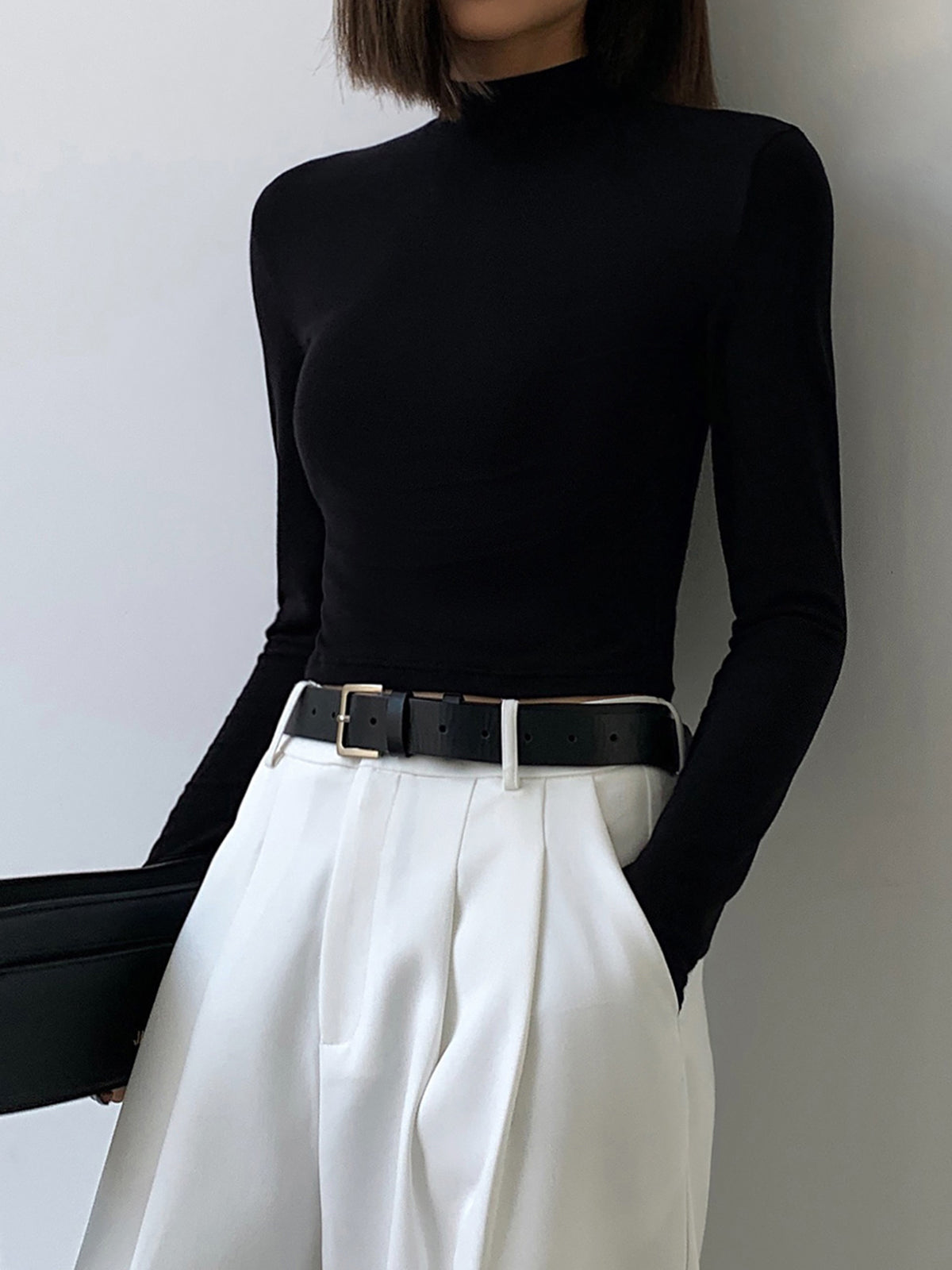 Solid Mock Neck Long Sleeve Crop Top