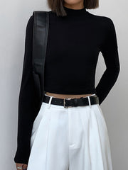 Solid Mock Neck Long Sleeve Crop Top