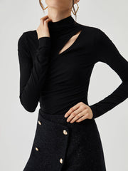 Solid Mock Neck Long Sleeve Cut Out Shirt