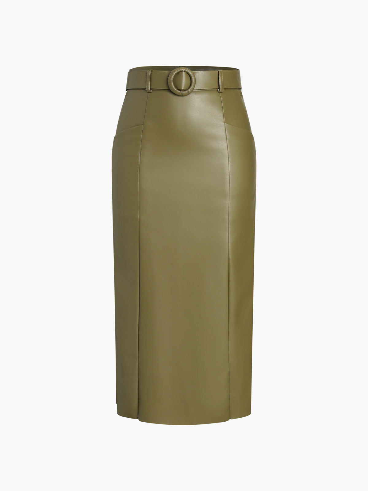 Faux Leather Belted Split Midi Skirt