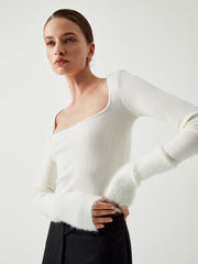 Knit Patchwork Fuzzy Cuff Square Neck Long Sleeve Top