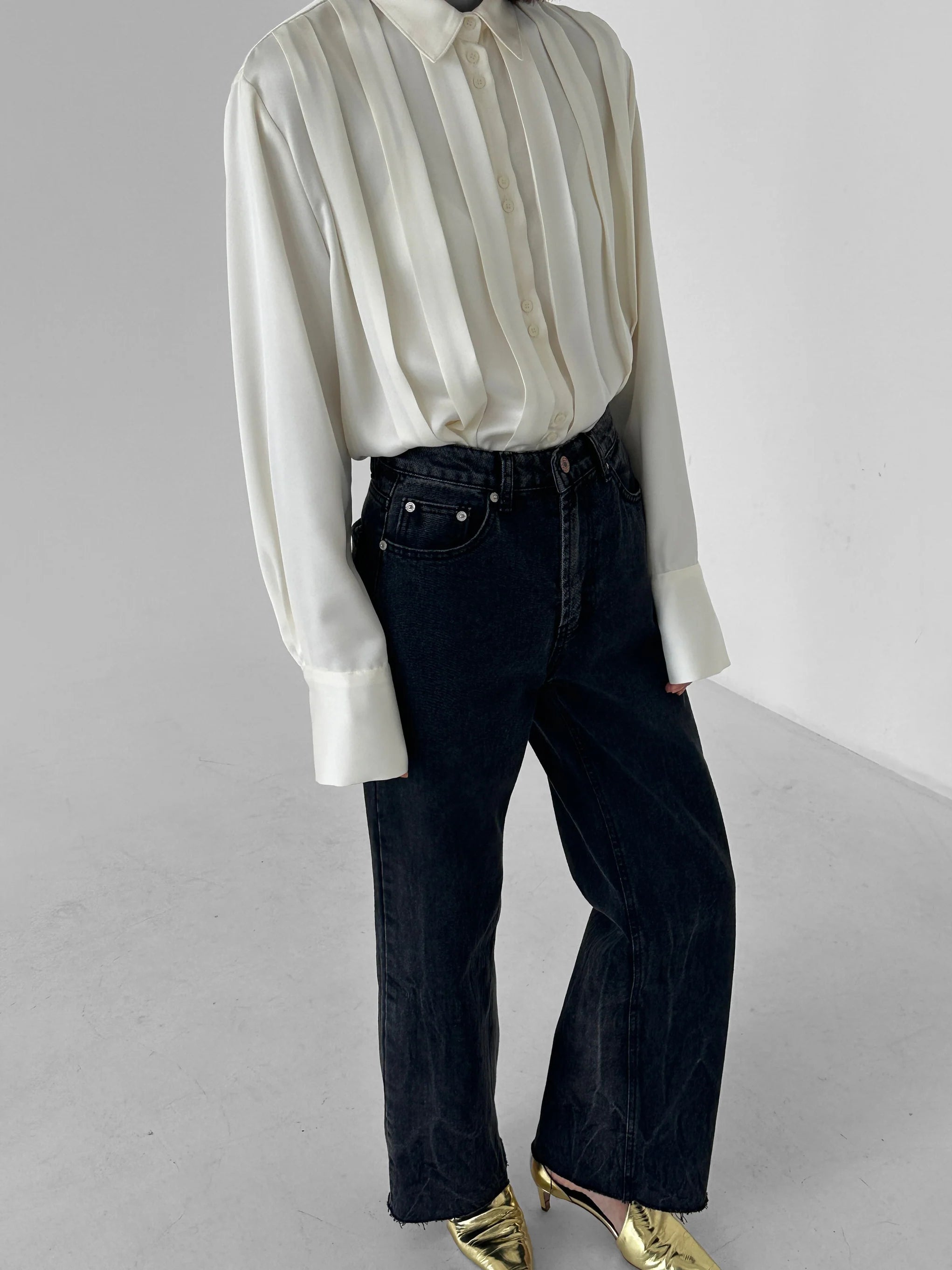 Satin Pleated Button-Down Shirt