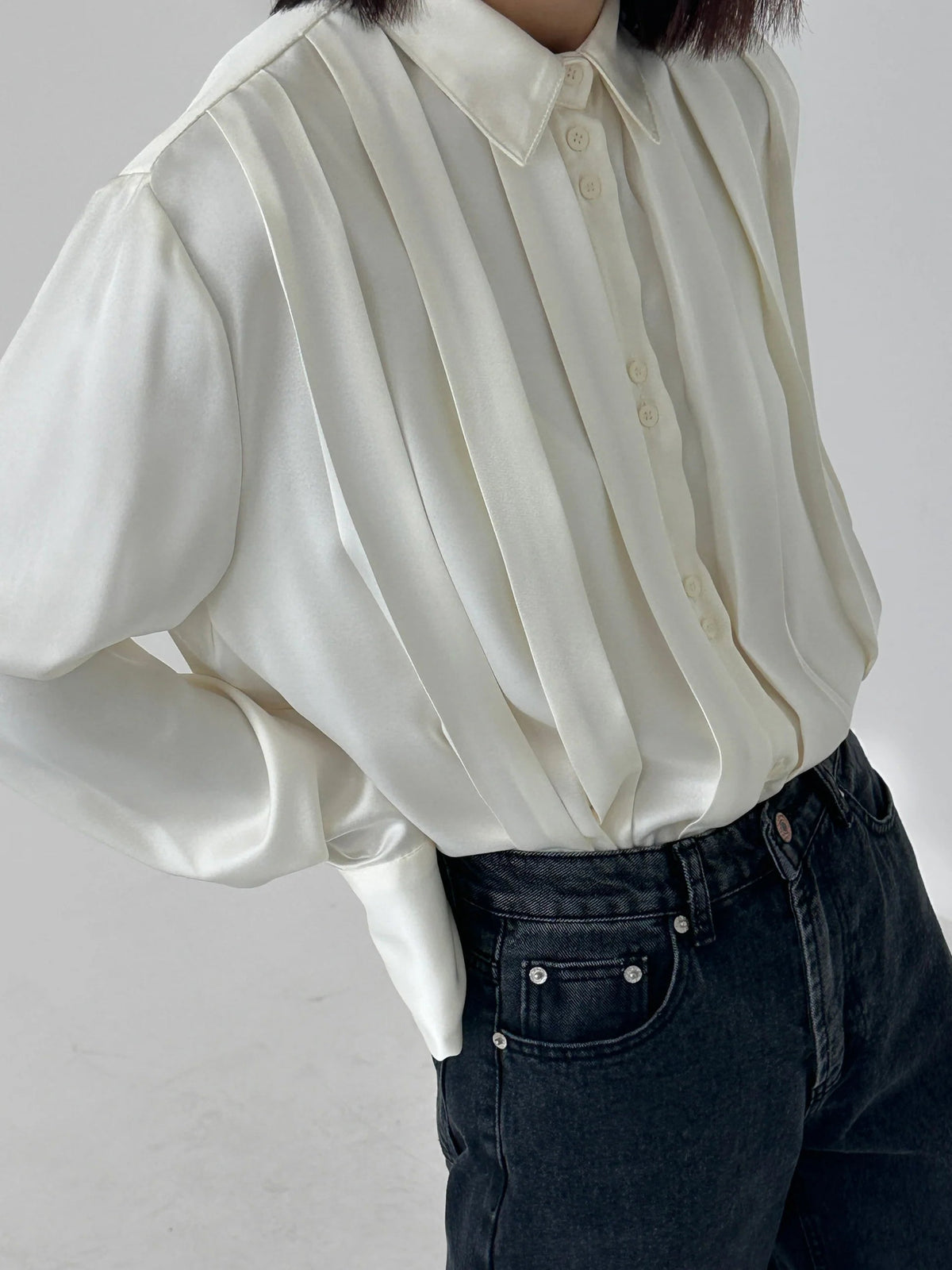 Satin Pleated Button-Down Shirt