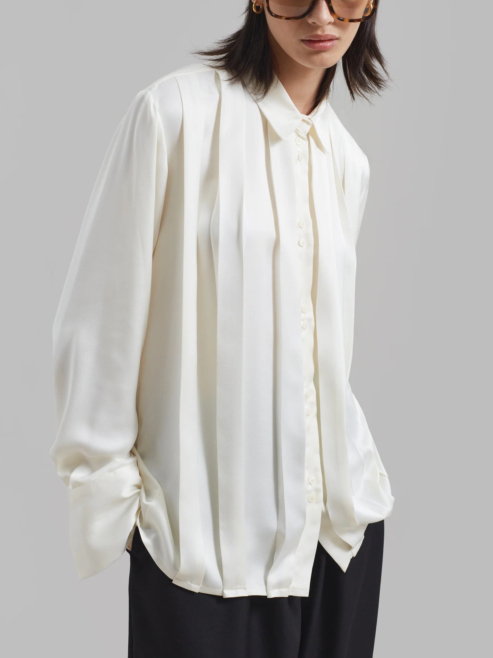 Satin Pleated Button-Down Shirt