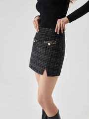 Tweed Button Detail Split Mini Skirt