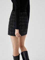 Tweed Button Detail Split Mini Skirt