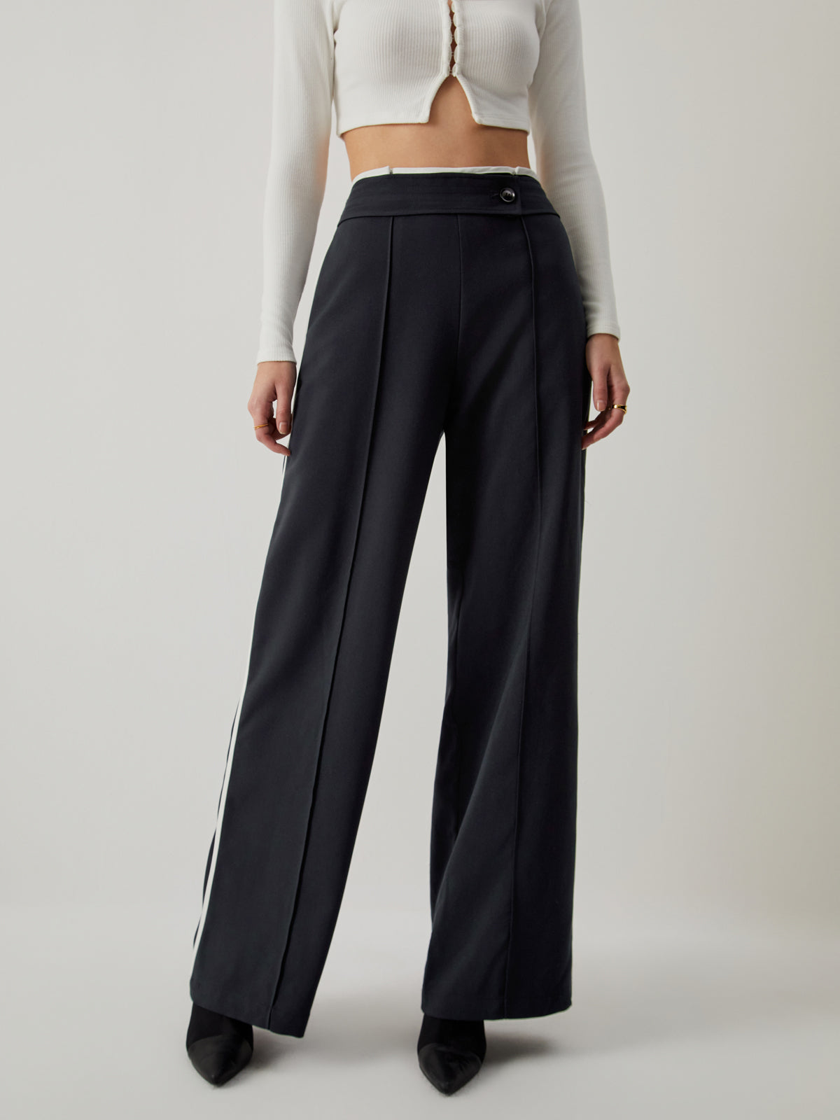 High Waist Contrast Trim Wide Leg Pants